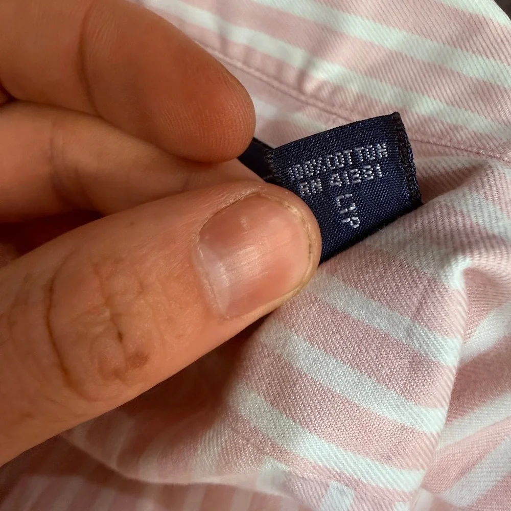 Vintage Polo Ralph Lauren Pink White Striped Button Up Mens L Cotton Blue Pony